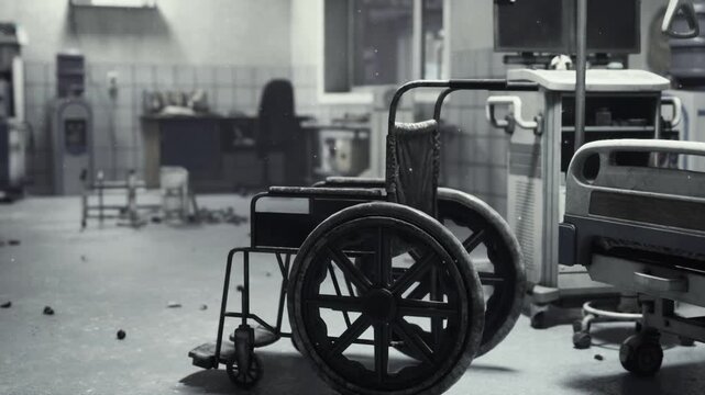 Closeup wheelchair wheel in ward, dim fluorescent lighting, dustcoated spokes, blurred patient beds and curtained cubicles, eerie silence and halted routines,