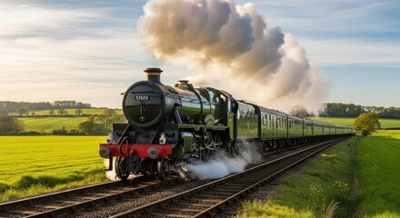 Naklejka premium Classic green steam train traveling through countryside, billowing smoke