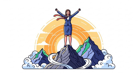 Confident businesswoman standing on mountain peak with arms raised in triumph at sunrise