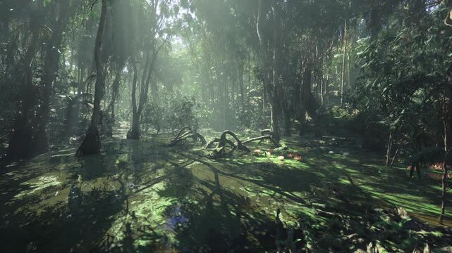 Sunlit rainforest glade with mist, soft beams filtering through dense canopy, moss covered stones and scattered ferns around tranquil pool reflections, calm