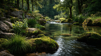Obraz premium Quiet stream bank with flowing water, moss-covered stones, gentle ripples, sunlight casting soft shadows, emphasizing serene freshwater habitat and textured natural environment.