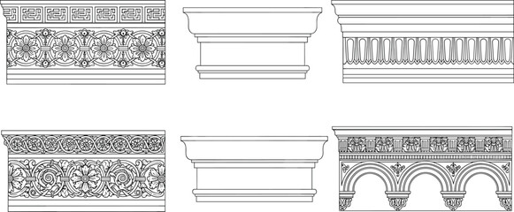 Classical architectural cornice and frieze ornament set with decorative moldings, vintage baroque line art elements for heritage design projects © meri999