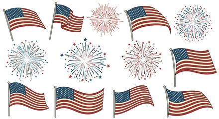 Fototapeta premium American flags waving and fireworks bursting against white background patriotic
