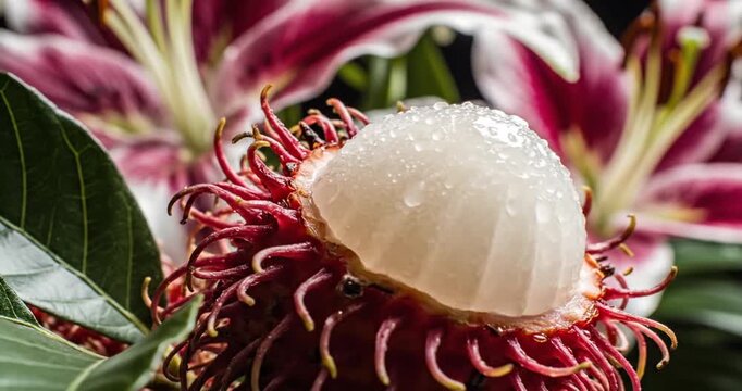 Close-up of a rambutan fruit with droplets on its surface, surrounded by vibrant lilies in a dark background