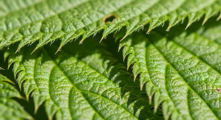 Extreme close up of green stinging nettle leaves showing sharp hairs and tiny water droplets on the edges