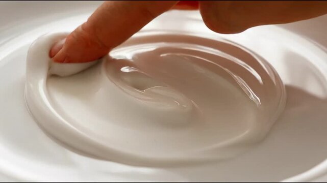 Motion of creamy white cosmetic texture smears concept. Close up of finger touching smooth white cream texture for skincare and beauty care concept