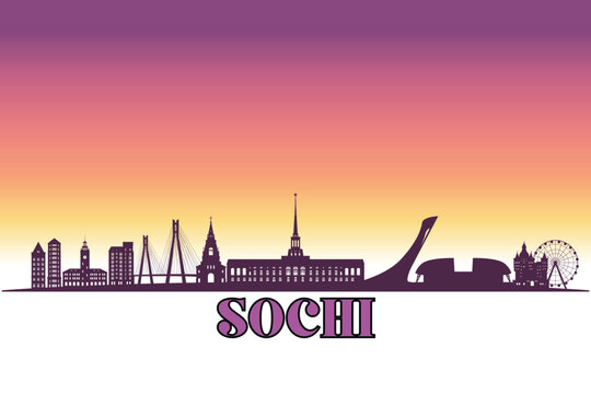 Global city Sochi shown in a detailed vector skyline with a twilight sky