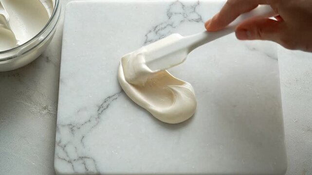 Motion of creamy white cosmetic texture smears concept. Creamy frosting and peanut butter in glass bowls for baking and dessert preparation