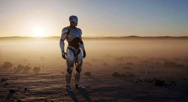 Futuristic silver humanoid robot standing in vast desert landscape during sunset