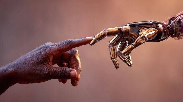 Futuristic digital art close-up of human-robot connection and technology's impact