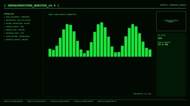 Futuristic Cyber Security HUD Interface with Biotech Genome Sequencer and Real-Time Network Data Traffic Monitor.