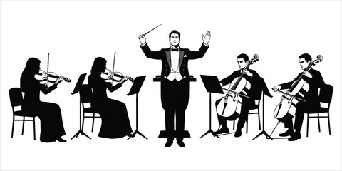 Orchestra conductor leading musicians playing violins and cellos on white illustration © MdAbdur