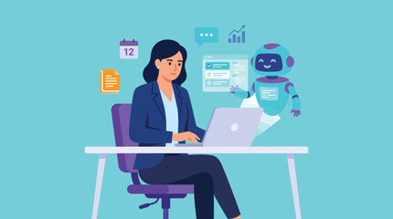 AI Assistant Helping Business Work Productivity Flat Vector Illustration