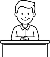 Hand Drawn Man Sitting at Desk Black and White Avatar Illustration in Minimal Line Art Style Design