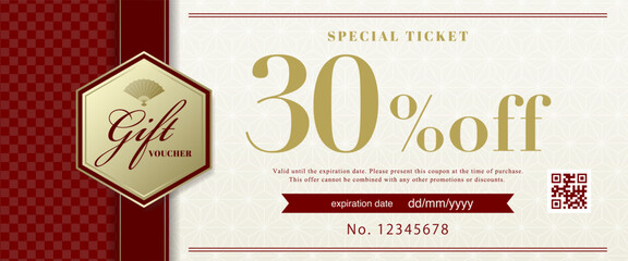 Japanese Modern Red Gift Voucher Template - Ichimatsu & Asanoha Pattern Design
