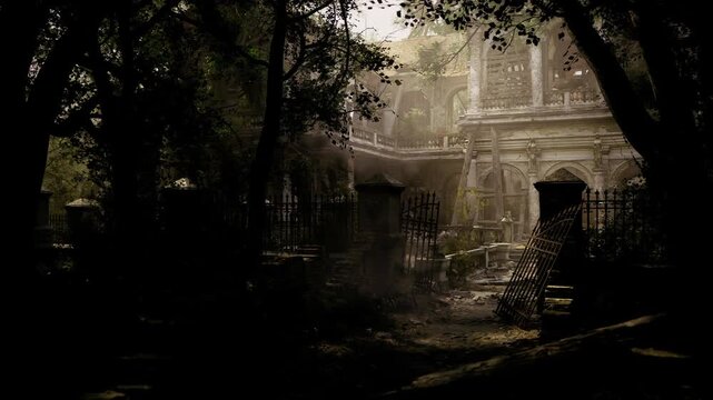 Dramatic twilight overgrown courtyard with crumbling balustrade and iron gate. Shafts of golden light pierce canopy, dust motes visible, atmosphere cinematic