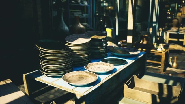 Moody market plate display under awning, stacked plates and shallow bowls on sunfaded table, deep shadows and amber highlights, vintage patina and narrow alley