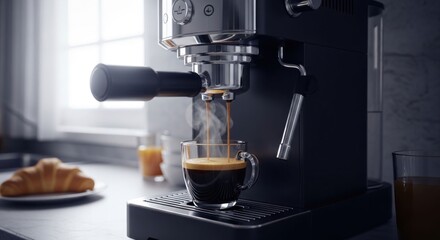 Espresso machine dispensing into a cup, with croissant and juice