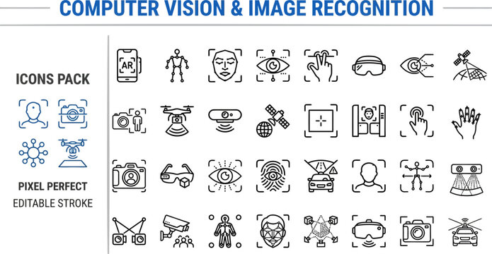 Computer Vision and Image Recognition Icon Set: Object Detection, Facial Recognition, AI Vision, Deep Learning, Machine Learning and Artificial Intelligence Line Vector Illustrations