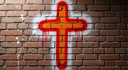 Colorful Cross Graffiti on Brick Wall Urban Art. © Dik