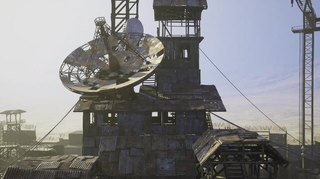 Satellite command hub crowned by dish, detailed control platform and scaffolding, layered antenna elements and textured metal, high contrast sunrise light