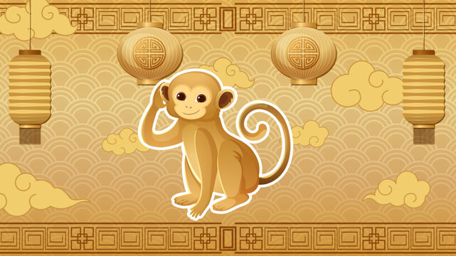 Chinese Zodiac Monkey Illustration with Traditional Lanterns and Golden Background