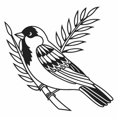 Obraz premium Sparrow carrying a twig in its beak, simple outline illustration, clean black line art, white background.