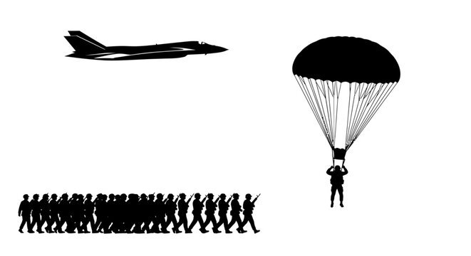 Military Paratrooper Descending, Jet Flying, Soldiers Marching Silhouette