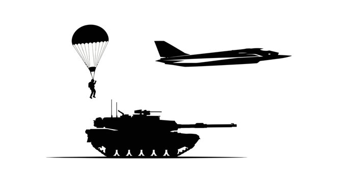 Military Paratrooper, Fighter Jet, and Tank Silhouette - Airborne and Ground Combat