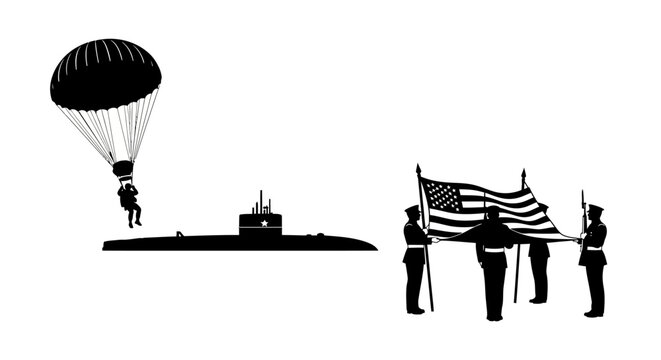 Military Paratrooper, Submarine, and Honor Guard with American Flag
