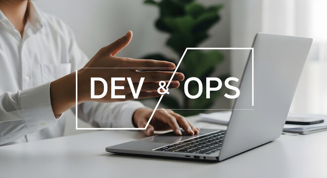 Person interacting with laptop at desk with hand gesture and DEV & OPS text