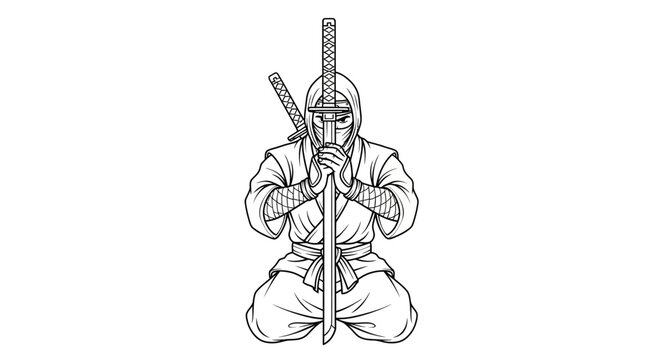 Ninja Warrior Kneeling with Swords, Traditional Japanese Warrior, Martial Arts, Stealth, Combat