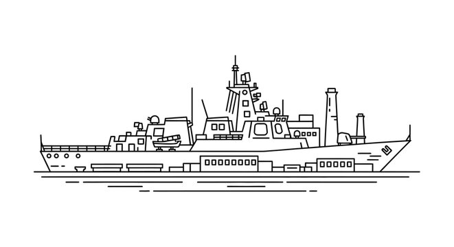 Outline illustration of a modern warship on white background