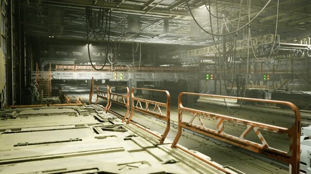 Empty maintenance corridor with orange barriers and overhead cables, metal floor panels, damp reflected light, service walkway lined with safety railings,