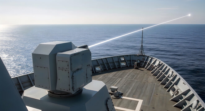 Modern naval laser weapon system firing powerful beam from warship deck at sea