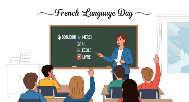 Illustration of a teacher and students celebrating French Language Day in a classroom with a green chalkboard and educational posters.