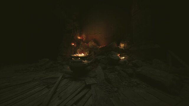 Burning vehicles on desolate road, glowing embers and thick smoke create eerie cinematic aftermath with scattered debris and charred metal under low light