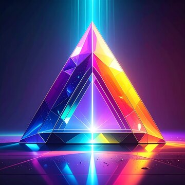 A vibrant, futuristic crystal pyramid emits a radiant beam of light