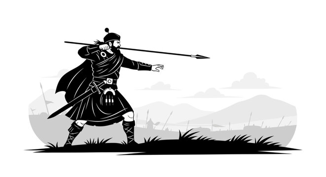 Scottish Highlander Warrior Throwing Spear in Battle, Black and White Illustration