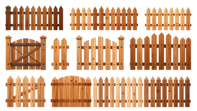 Wooden Fence and Garden Gate Vector Set with Rustic Picket Panels