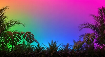 Fototapeta premium Jungle plants bask in vibrant rainbow hues against a gradient backdrop