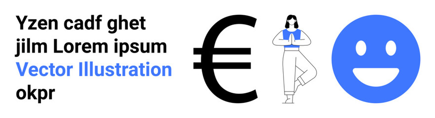 Fototapeta premium Business finance, mental balance, corporate wellness, self-care, positive thinking, mindfulness. A Euro sign, person in yoga pose and a happy face. Business finance and mental balance theme