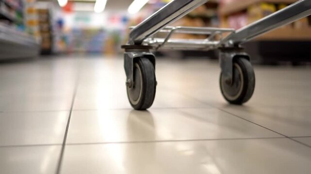 Low-angle close-up shot of shopping cart wheels rolling across a clean supermarket floor.