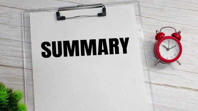 summary written on clipboard on office desk with stationery business planning concept