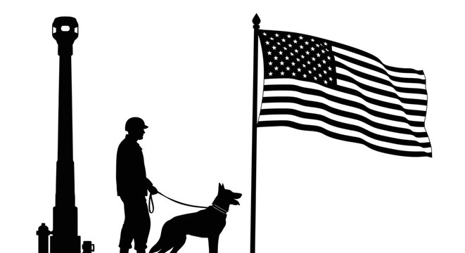 Patriotic Soldier with K9 Unit and American Flag Silhouette