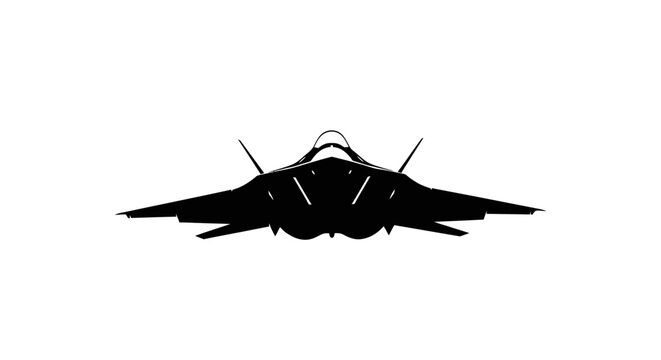 Silhouette of a modern stealth fighter jet in flight, front view