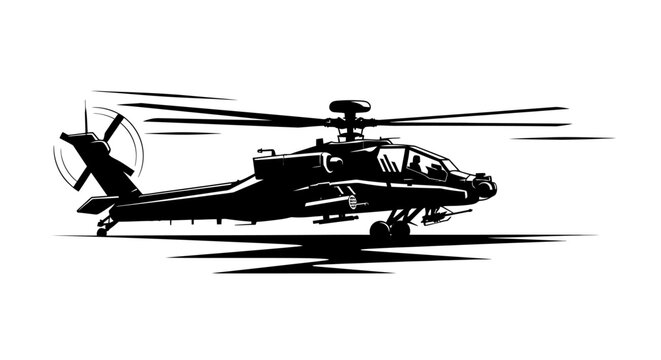 Silhouette of an Apache attack helicopter in flight, military aviation, dynamic action