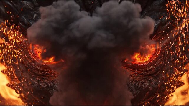 Close-up sinister monster red eyes concept. Close up of fiery dragon eyes with glowing orange flames and dark textured scales in fantasy art