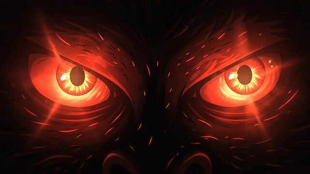 Close-up sinister monster red eyes concept. Fiery glowing eyes of a fierce mythical creature with intense red and orange colors in dark background