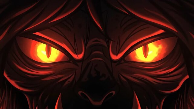Close-up sinister monster red eyes concept. Fierce glowing yellow eyes of a dark monstrous creature with intense expression and dramatic lighting